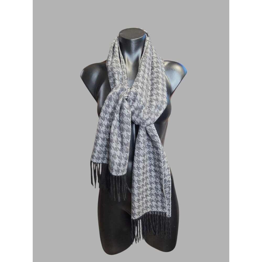 Club Room Scarf Mens One Size Gray Houndstooth Plaid Cashmere Fringe Winter